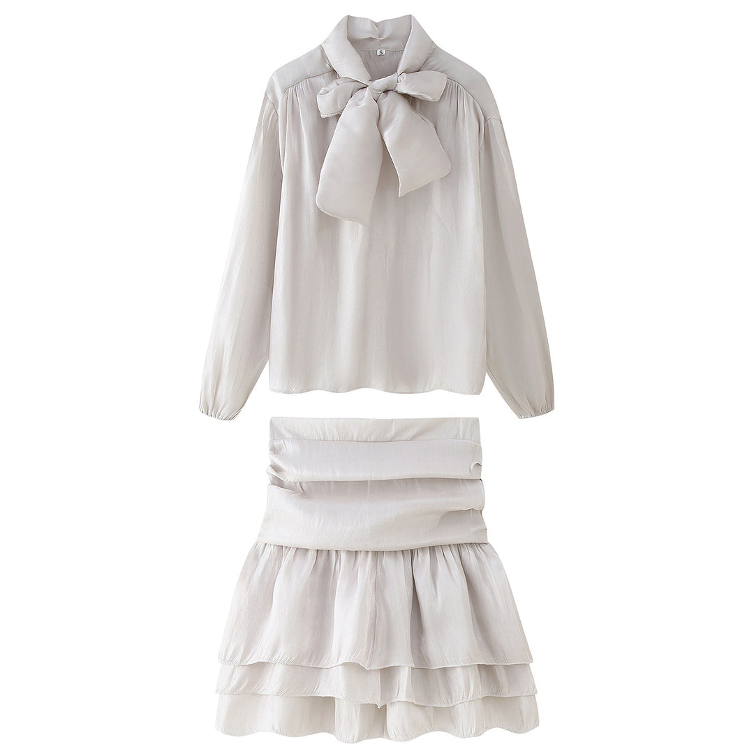 Damen Set aus eleganter Bluse mit Schleifendetail und voluminösem Rock EB