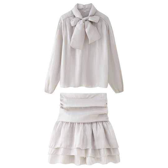 Damen Set aus eleganter Bluse mit Schleifendetail und voluminösem Rock EB