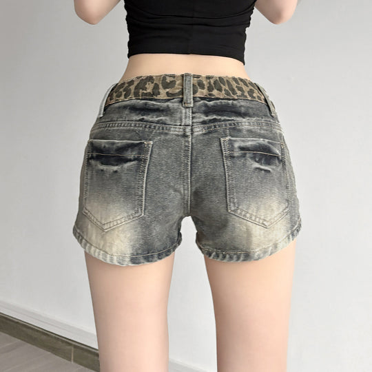 Damen Kurze Jeansshorts mit Leopardenmuster und gerafftem Bund EB