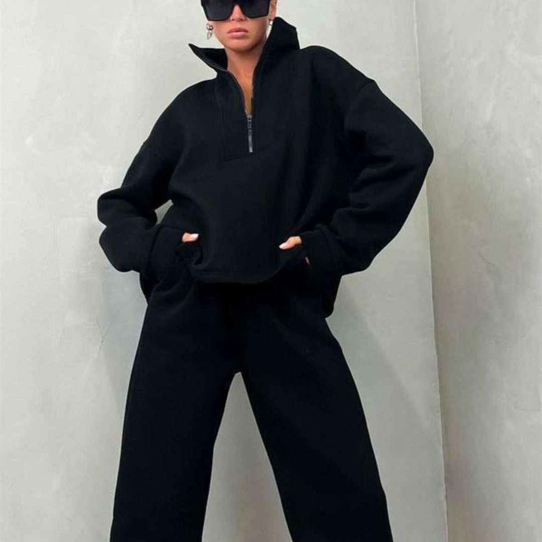 Damen nan weiches Oversize-Halbzip-Loungewear-Set mit hohem Stehkragen und taillierter Jogginghose EB