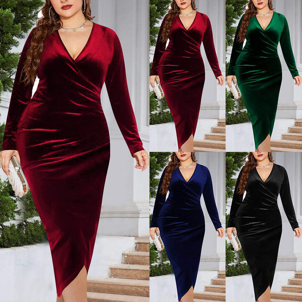Damen Elegantes Wickelkleid aus luxuriösem Samt mit langem Arm und tiefem V-Ausschnitt EB