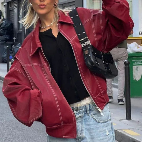 Damen Kunstlederjacke mit elastischen Bündchen und hochschließendem Kragen EB