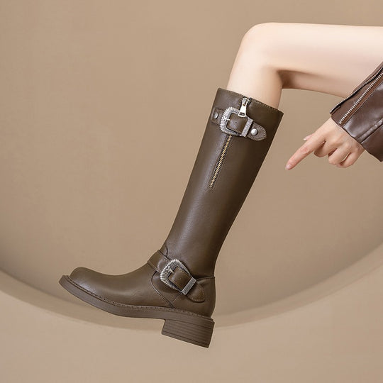 Damen modische Lederstiefel mit trendy Schnallen und komfortabler Sohle EB