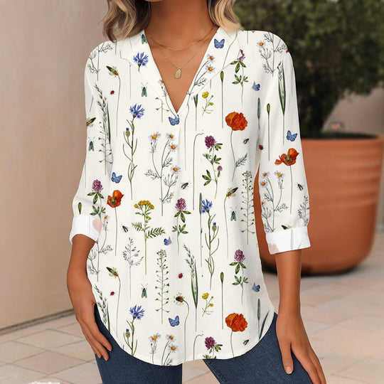 Damen Florale V-Ausschnitt Tunika-Bluse mit dreiviertel-Ärmeln und abgerundetem Saum EB