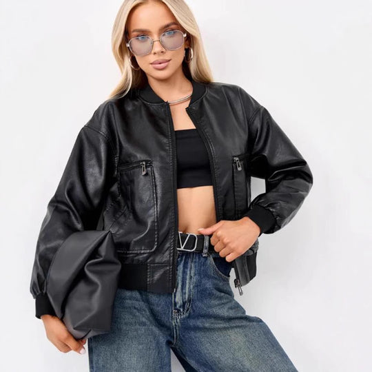 Damen modische Bikerjacke mit strukturiertem Design und praktischen Taschen EB