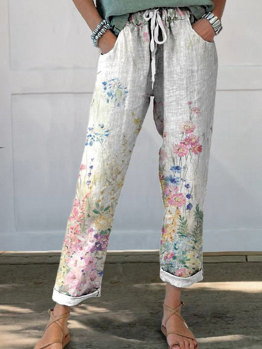 Damen Leinenoptik-Hose mit floralem Print, weitem Bein und Tunnelzug EB
