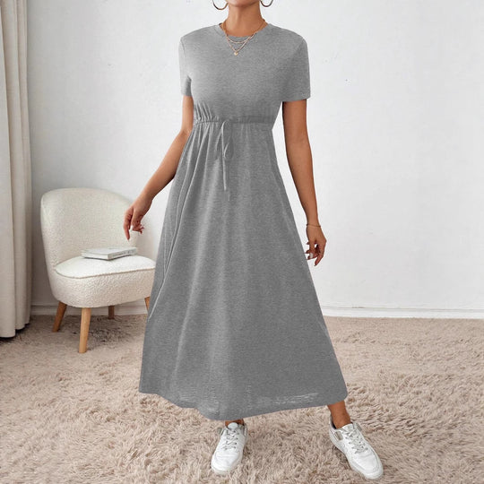Damen lässiges Maxikleid mit elastischem Taillenbund und Rundhalsausschnitt EB
