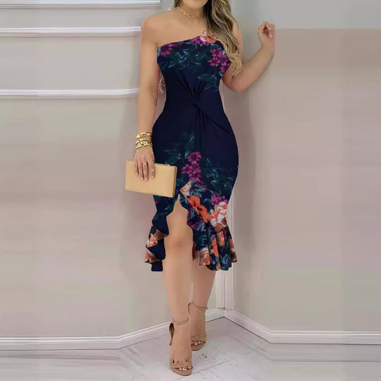 Damen Wickelkleid mit asymmetrischem Saum und floralen Akzenten EB