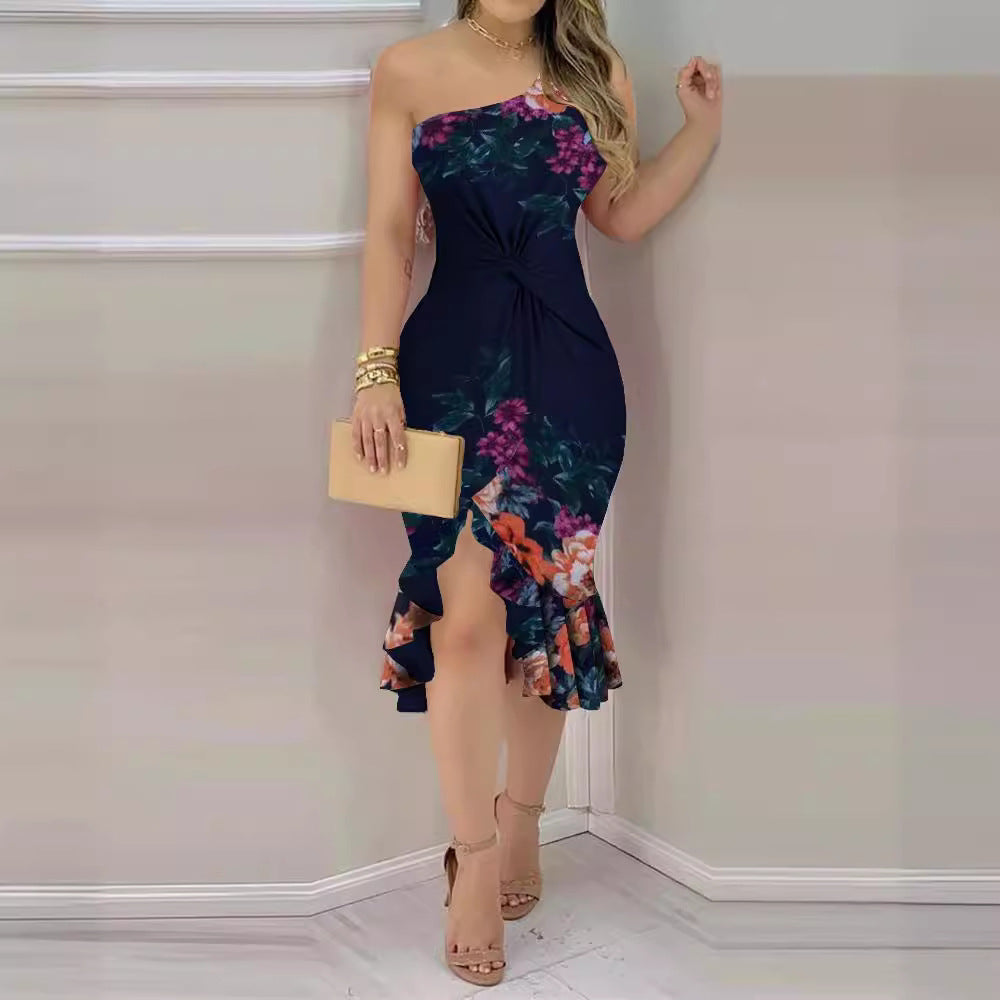 Damen Blumenkleid im Off-Shoulder-Stil mit asymmetrischem Saum EB