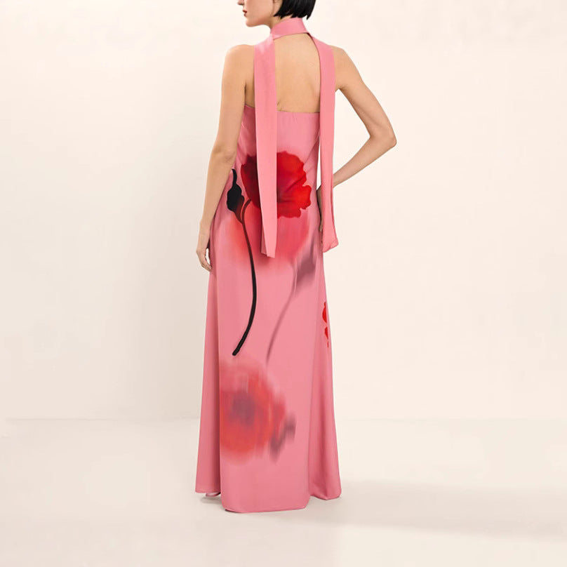 Damen Maxi-Kleid mit floralem Druck und abnehmbarem Schal EB