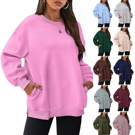 Damen nan lässiger Oversize-Sweatpullover mit seitlichen Eingrifftaschen, geripptem Saum und überschnittener Schulter EB