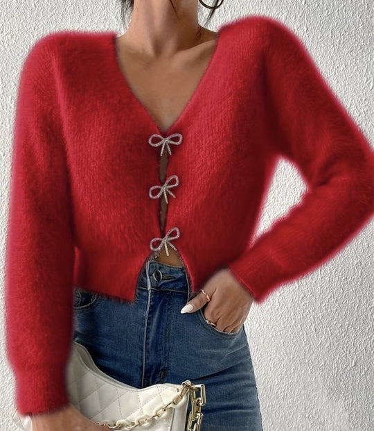 Damen Flauschiger Cropped-Cardigan mit V-Ausschnitt und Schleifen‑Verschlüssen EB
