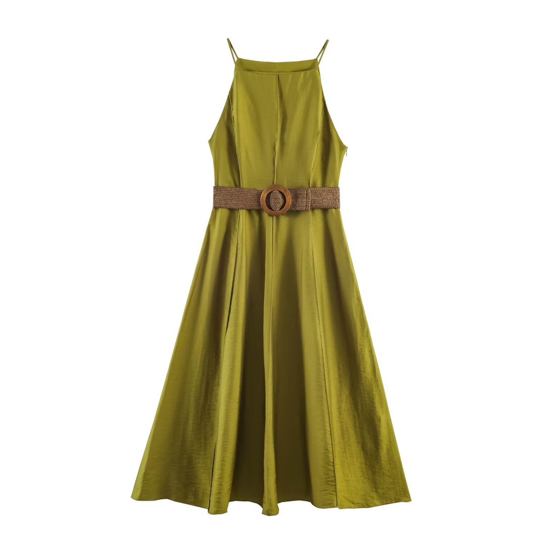 Damen Maxikleid mit schwingendem Saum und dekorativem Gürtel EB