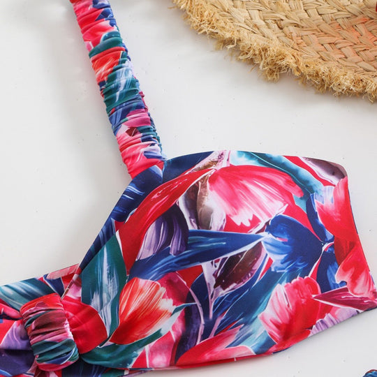 Damen Triangel-Bikini mit tropischem Druck und zarten Rüschen EB