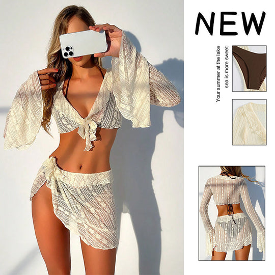 Damen Bikini-Set mit transparentem Oberteil, hohem Taillenslip und luftigem Rock EB