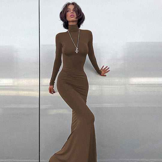 Damen elegantes Maxikleid mit figurbetonter Silhouette und hohem Kragen EB