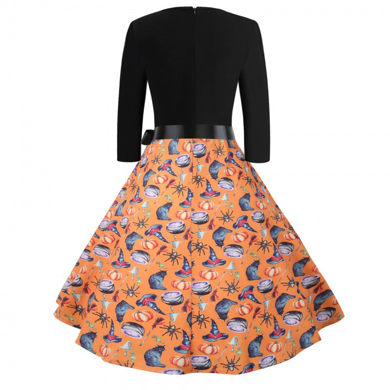 Damen Vintage-inspiriertes Swingkleid mit V-Ausschnitt, Dreiviertelärmeln und voluminösem Tellerrock EB