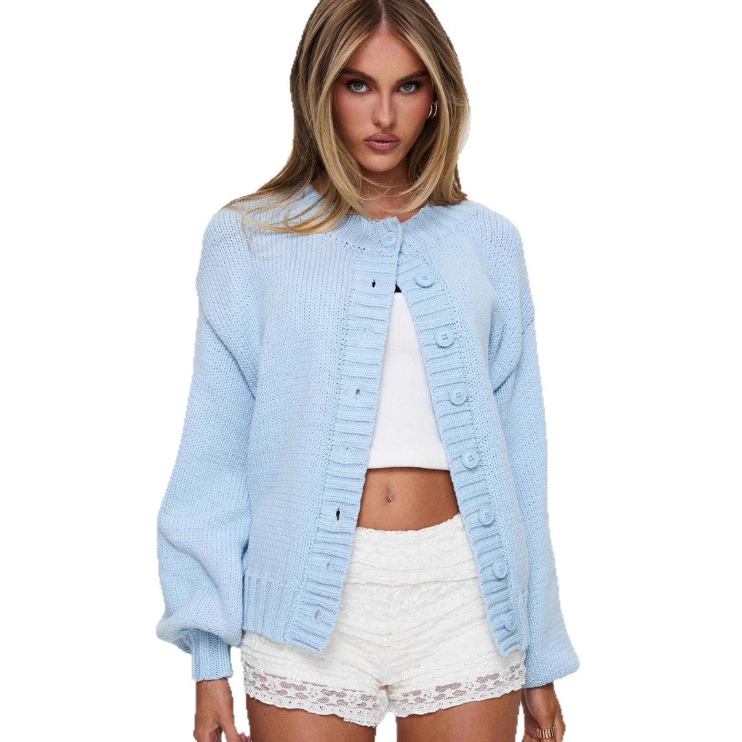 Damen gemütliche Strickjacke mit dekorativen Knopfdetails und voluminösen Ärmeln EB