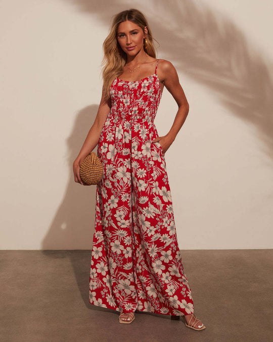 Damen Maxikleid mit floralem Design und elastischer Taille EB