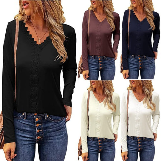 Damen elegantes V-Ausschnitt Longsleeve-Shirt mit Spitzenbesatz EB