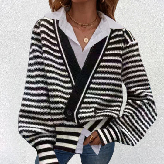 Damen Grobstrick Cardigan mit V-Ausschnitt und modernen Streifen EB