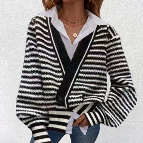 Damen Grobstrick Cardigan mit V-Ausschnitt und modernen Streifen EB