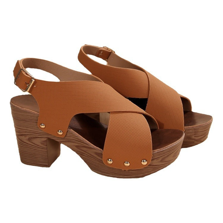 Damen Slingback-Pantoletten mit moderner Holz-Optik und eleganten Verzierungen EB