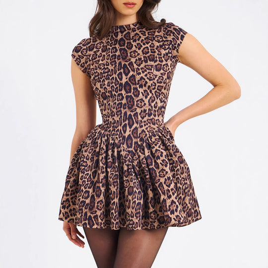 Damen Mini-Kleid mit voluminösem Rock und edlem Tierdruck EB