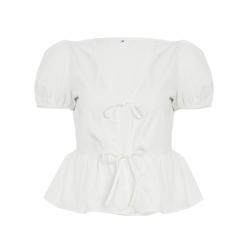 Damen Wickeloberteil mit Puffärmeln und femininem Peplum-Saum EB