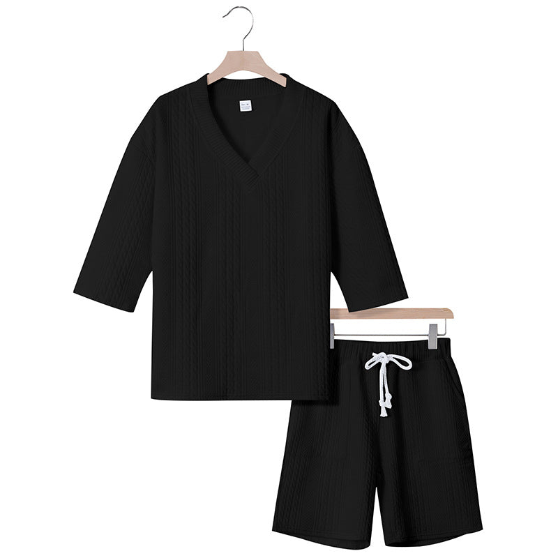 Unisex nan lässiges Lounge-Set mit V-Ausschnitt-Oberteil und Kordelbund-Shorts EB