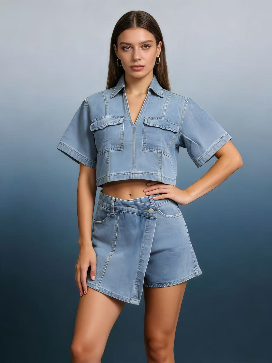 Damen modisches cropped Hemd mit aufgesetzten Taschen und lässigen Shorts EB