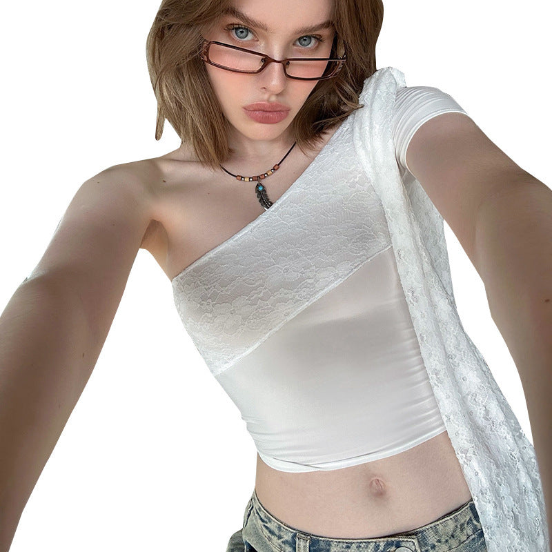 Damen Elegante und raffinierte Spitze One-Shoulder Bluse EB
