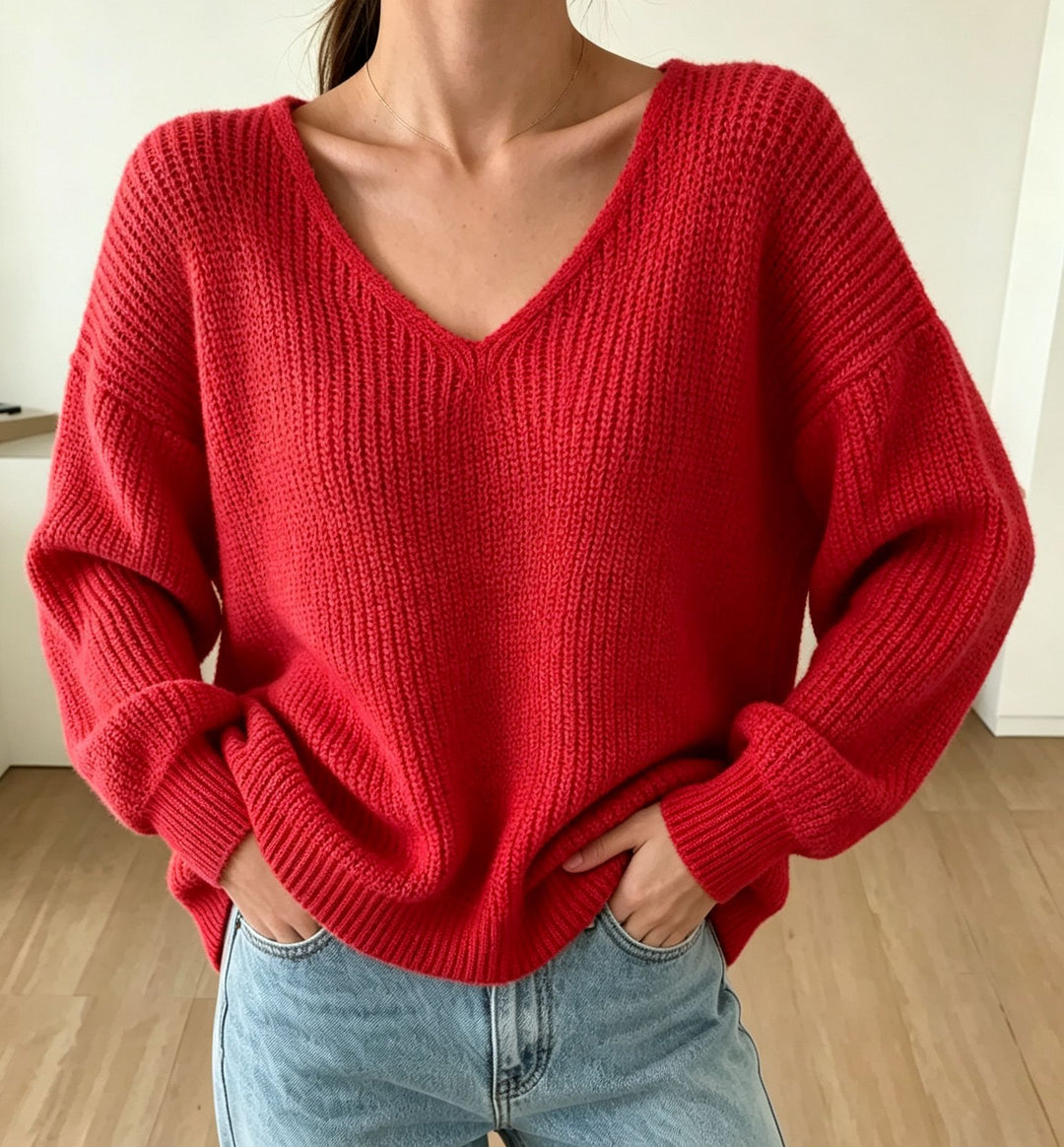 Damen Lässiger Boxy-Grobstrickpullover mit V-Ausschnitt und gerippten Bündchen EB
