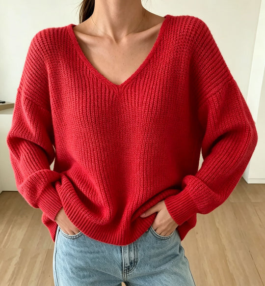 Damen Lässiger Boxy-Grobstrickpullover mit V-Ausschnitt und gerippten Bündchen EB