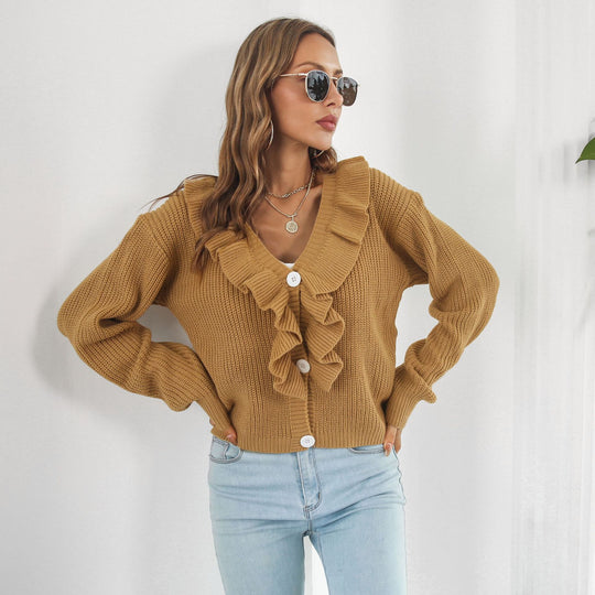 Damen Strickjacke mit Rüschendetails und Knopfverschluss EB
