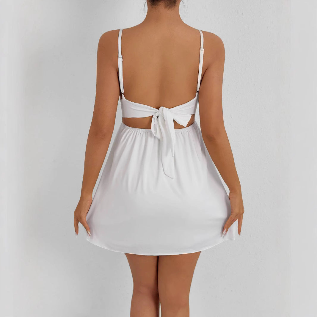 Damen Sommerliches V-Ausschnitt Kleid mit verstellbaren Spaghetti-Trägern und elastischer Taille EB