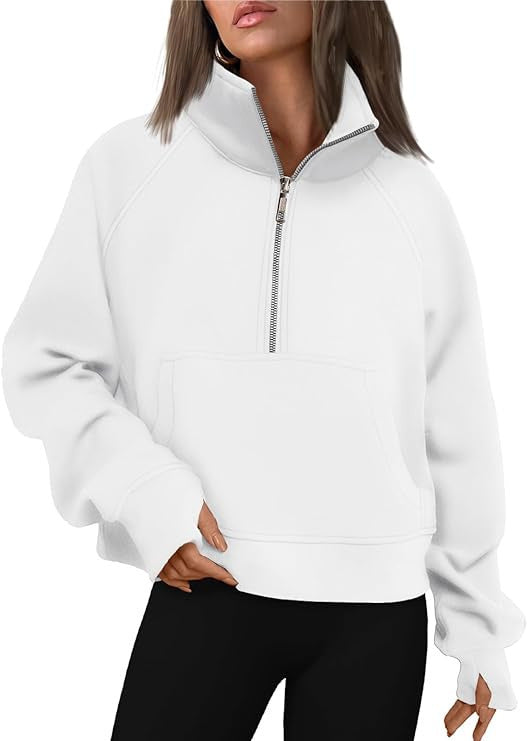 Damen nan oversized Halbzip Pullover mit Kängurutasche, Daumenlöchern und hohem Kragen EB