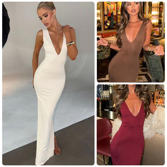 Damen figurbetontes Kleid mit tiefem V-Ausschnitt und schwingendem Saum EB