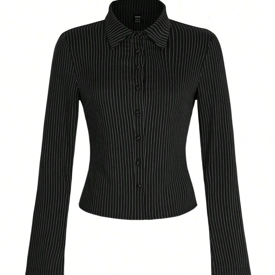 Damen Elegante Bluse mit schmalen Streifen und tailliertem Schnitt EB