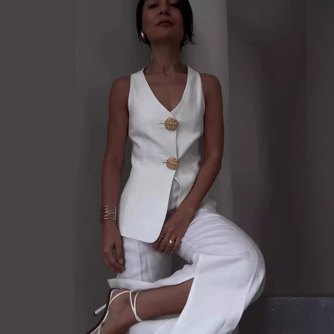 Damen Ärmelloses Tailoring-Set mit taillierter Weste, Zierknöpfen und weiter Palazzo-Hose EB