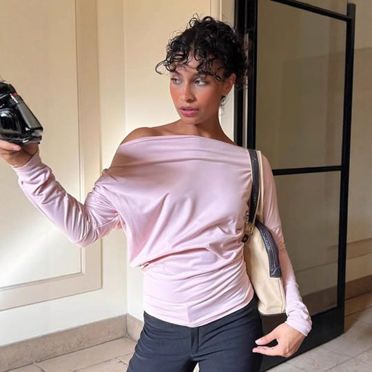 Damen nan asymmetrisches Off-Shoulder Longsleeve mit taillierter Silhouette und Daumenloch-Ärmeln EB