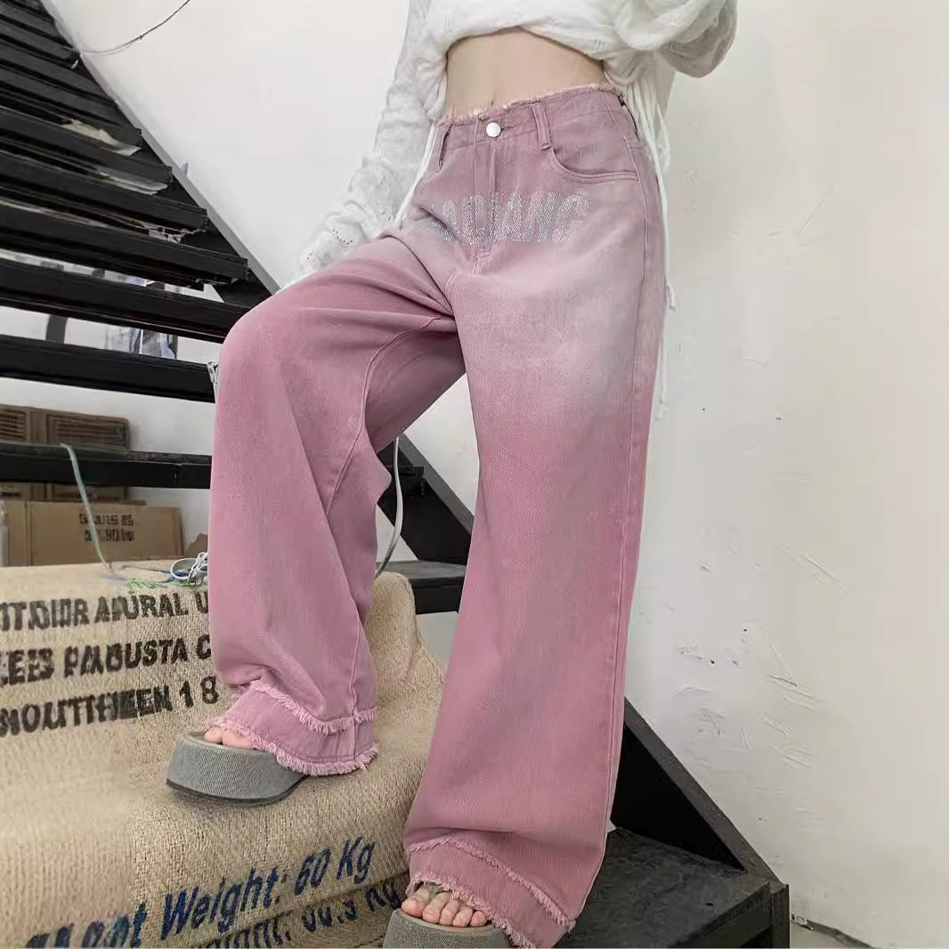 Damen lockere High-Waist Jeans mit fransigem Saum und modischen Schriftzügen EB