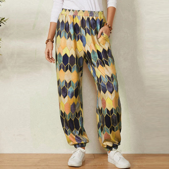 Damen Freizeithose mit modischem geometrischem Muster und elastischem Bund EB