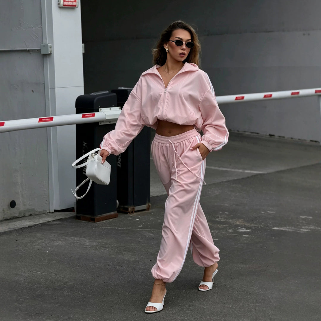 Damen Oversized kurz geschnittene Trainingsjacke und taillenhohe Jogginghose Set mit Seitenstreifen EB