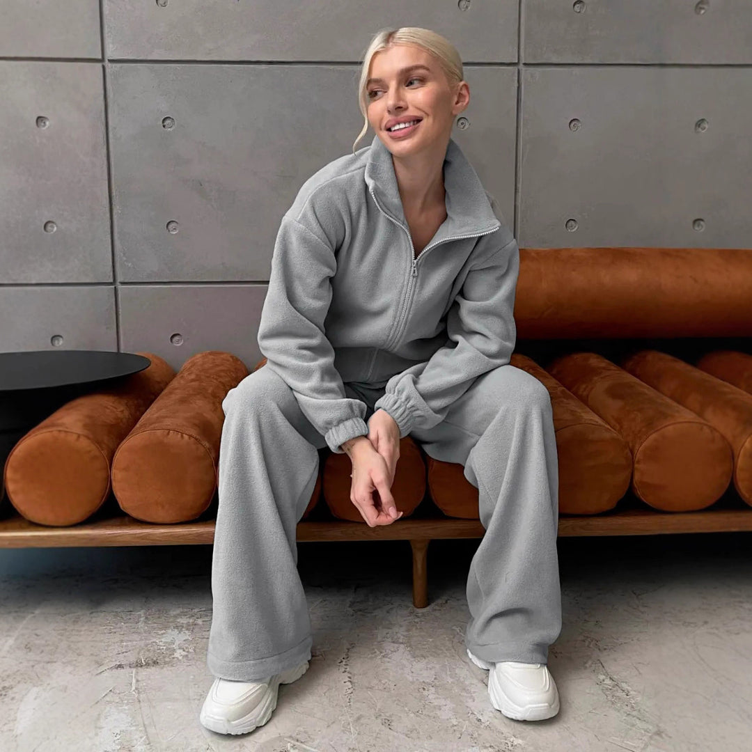 Damen Komfortables Fleece-Loungewear-Set mit kurzem Zip-Top und weiter High-Waist-Hose EB