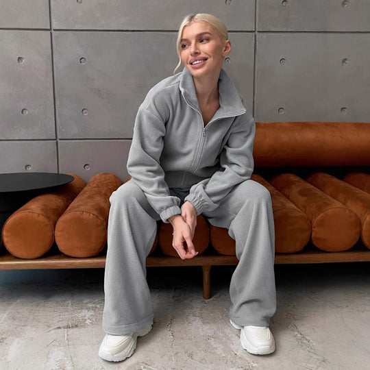 Damen Komfortables Fleece-Loungewear-Set mit kurzem Zip-Top und weiter High-Waist-Hose EB