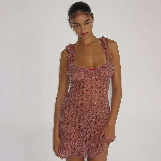Damen Transparente Spitzenkleid mit Rüschen und floralem Muster EB