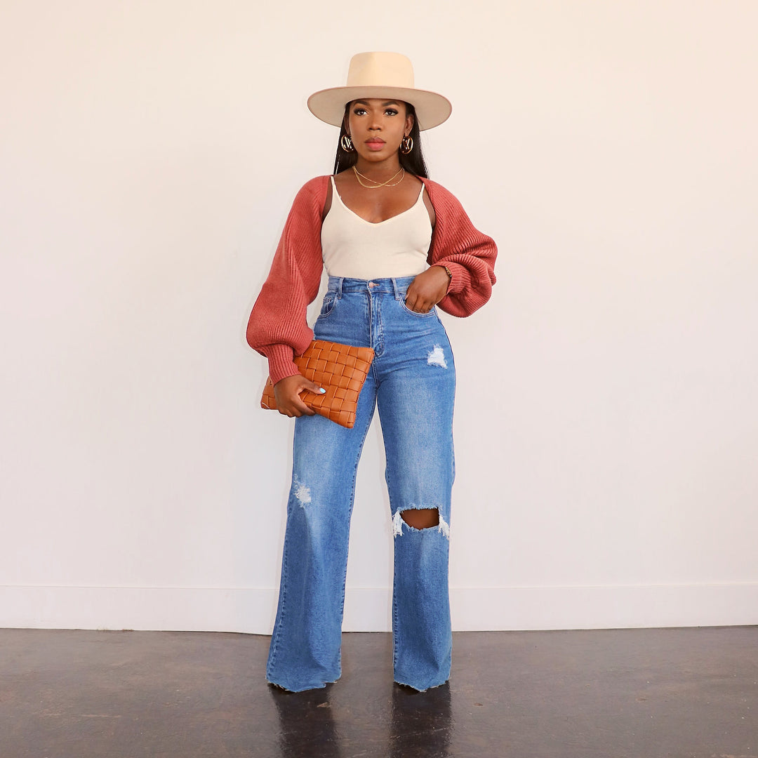 Damen Hochtaillierte Bootcut Jeans mit angesagtem Destroyed-Effekt EB