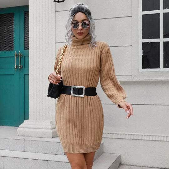 Damen Strickkleid mit hohem Kragen und elastischem Gürtel EB