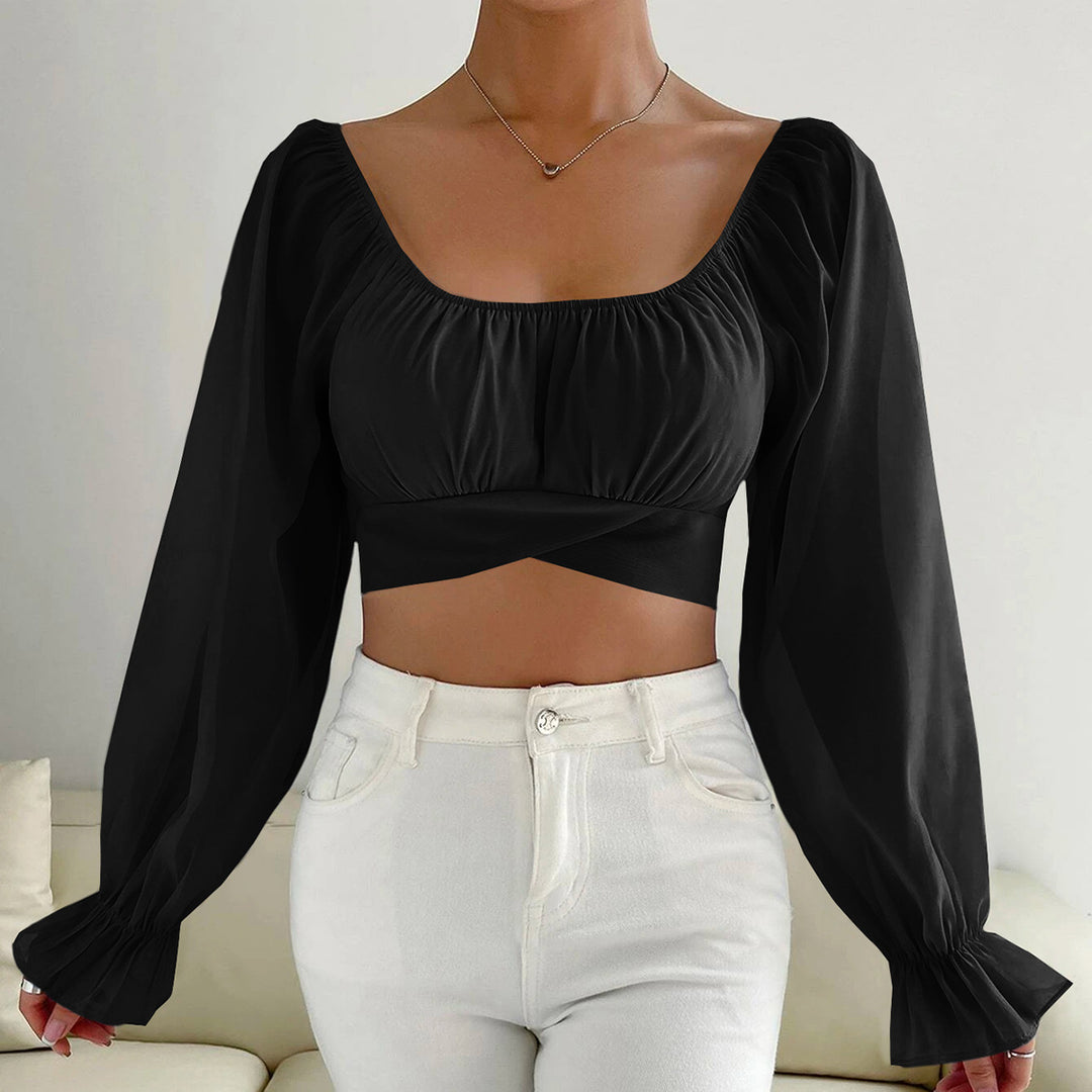 Damen Cropped Bluse mit Puffärmeln und raffiniertem Schnitt EB